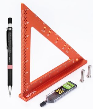Neitra Square Ruler with Fixed Angle Pin, Accurate Compact Aluminum Alloy Squares with Laser Etched Markings for Carpenter Woodworking Furniture Projects (Orange, 7 Inch)